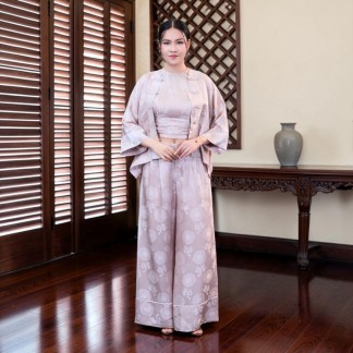 Quần lụa Hà Bảo hoa viên cạp chun sau be F